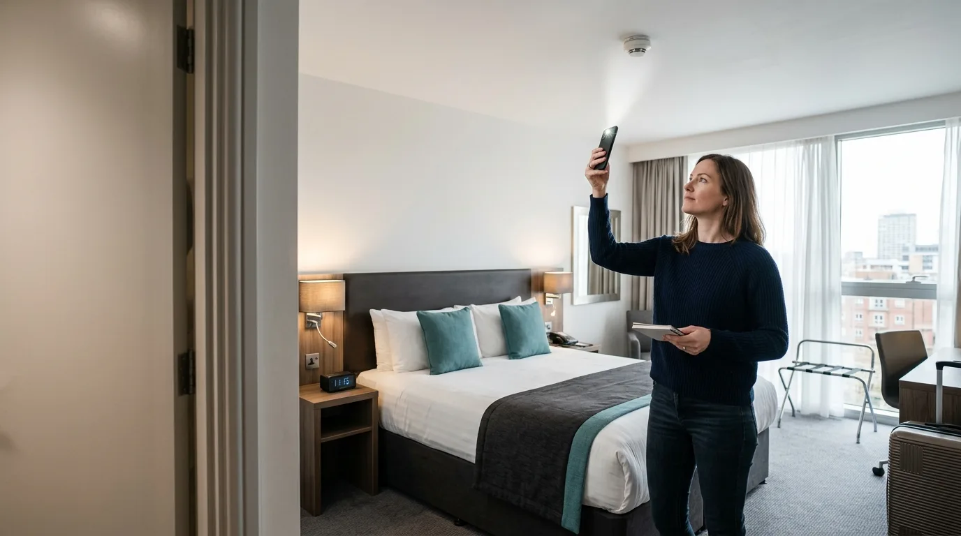 Traveler inspecting a hotel room fixture with a phone flashlight